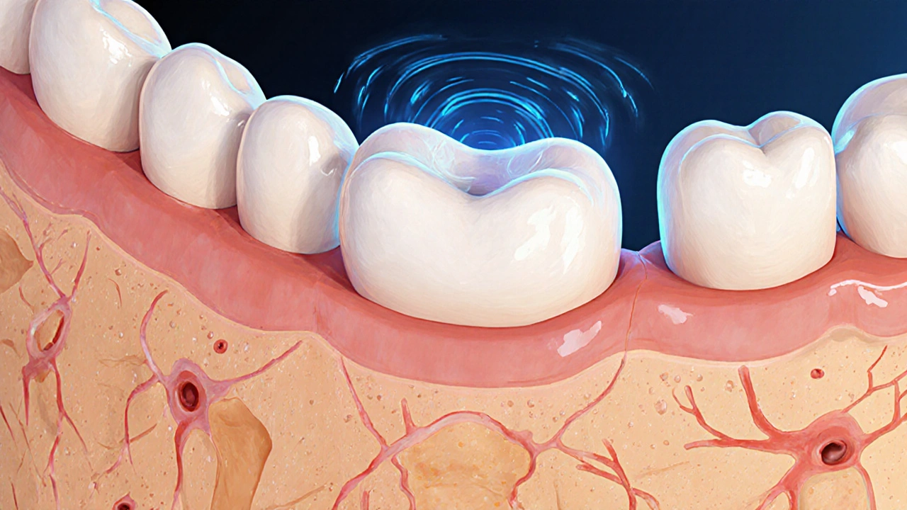Příčný řez čelisti ukazující, jak zub tlačí skrz dásně a kost.