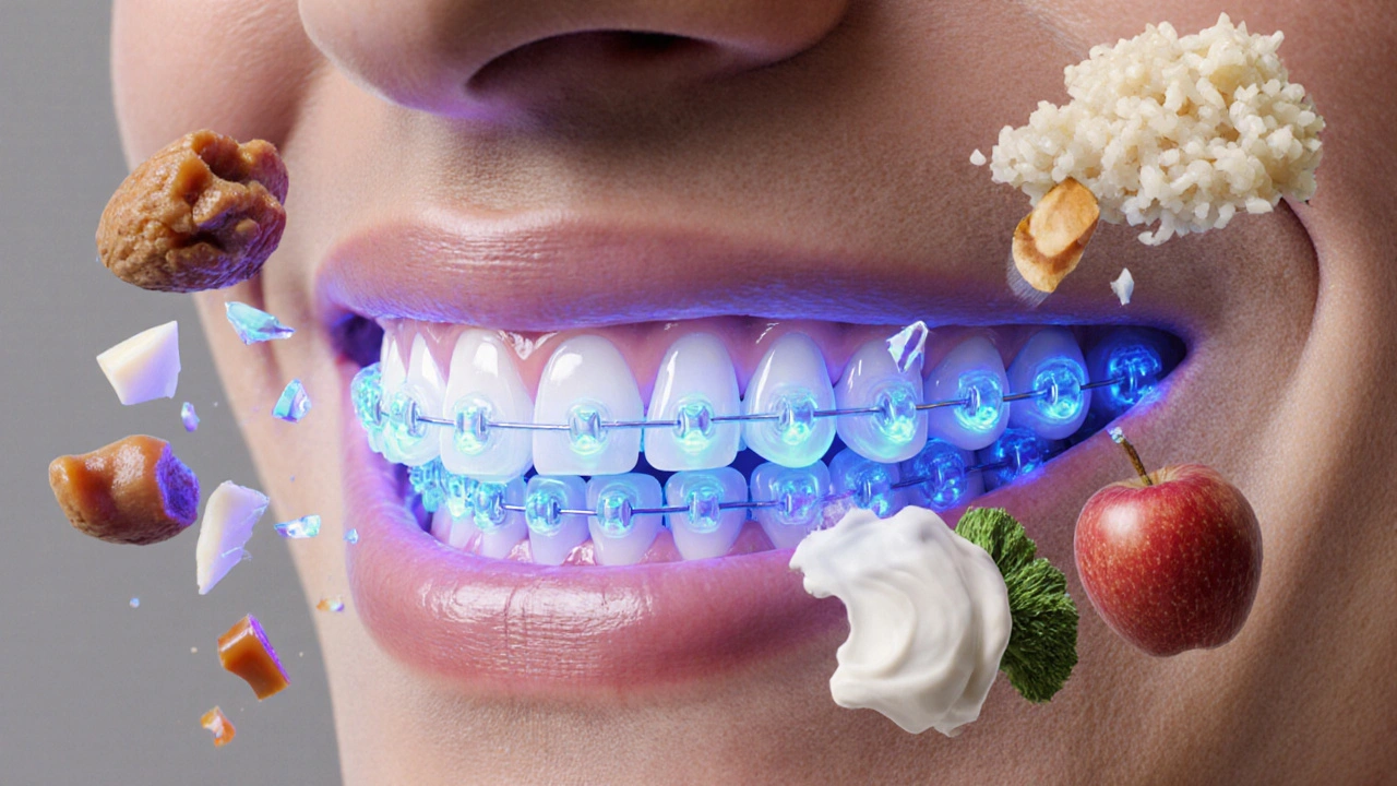 Průhledná čelist s gumičkami přitahujícími zuby do správné pozice, kolem nich zničené tvrdé potraviny.