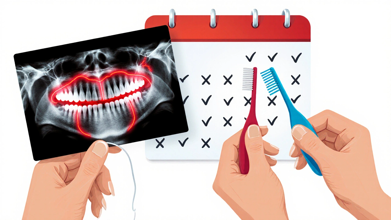 Rentgenový snímek s viditelným kazem mezi zuby a nástroji pro prevenci.