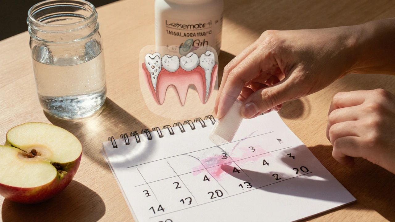 Ruka kladoucí žvýkačku s xylitol na kalendář s označenými dny regenerace zubů.