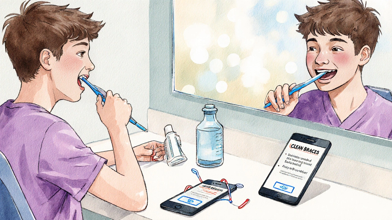 Teenager čistí rovnátka s připomínkou na telefonu a ortodontickým kartáčkem.