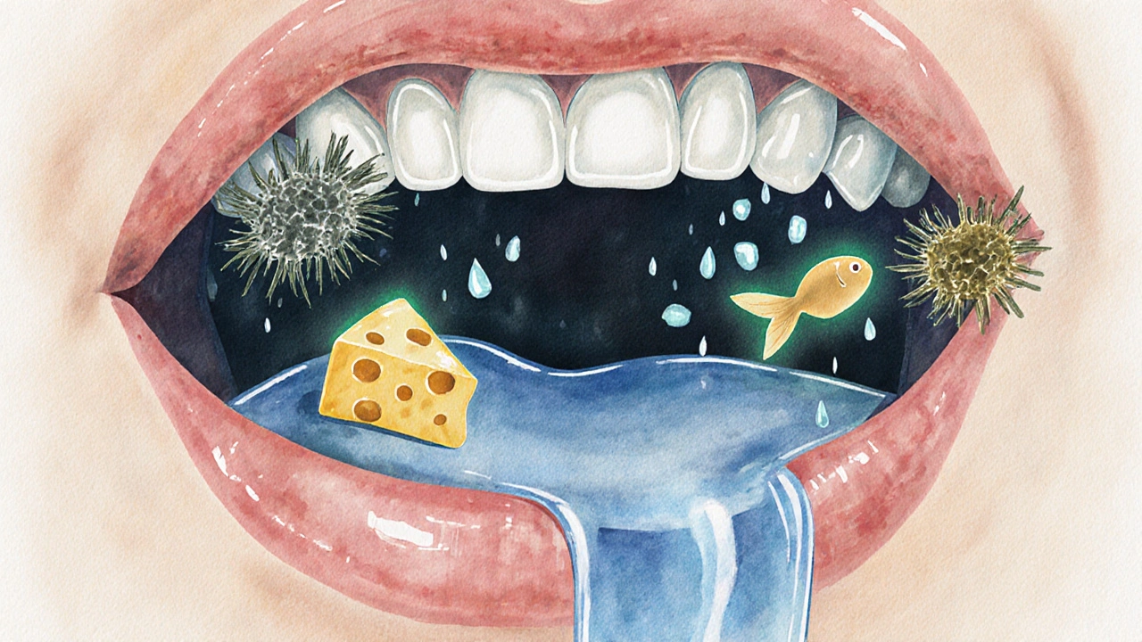 Umělecká ilustrace mikrobiálního boje v ústech mezi škodlivými a přátelskými bakteriemi.