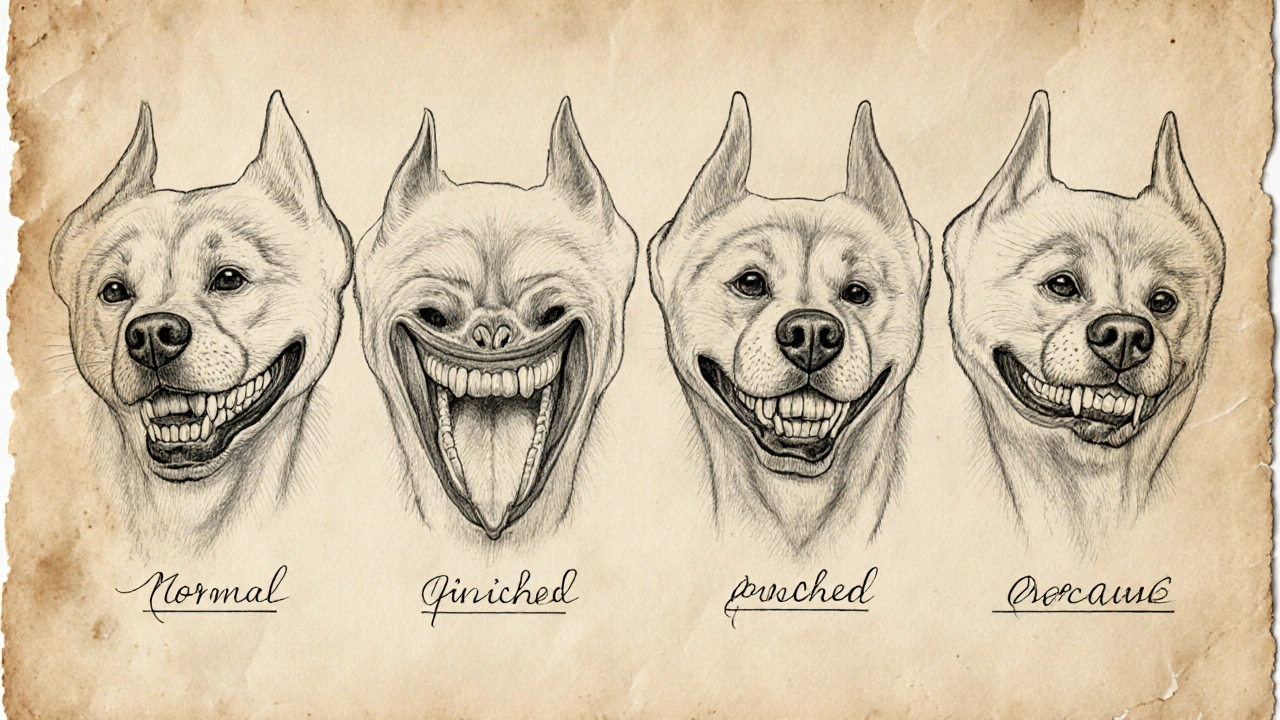 Veternární ilustrace čtyř typů předkusu u psa: normální, pinčový, otevřený a překrývající se.