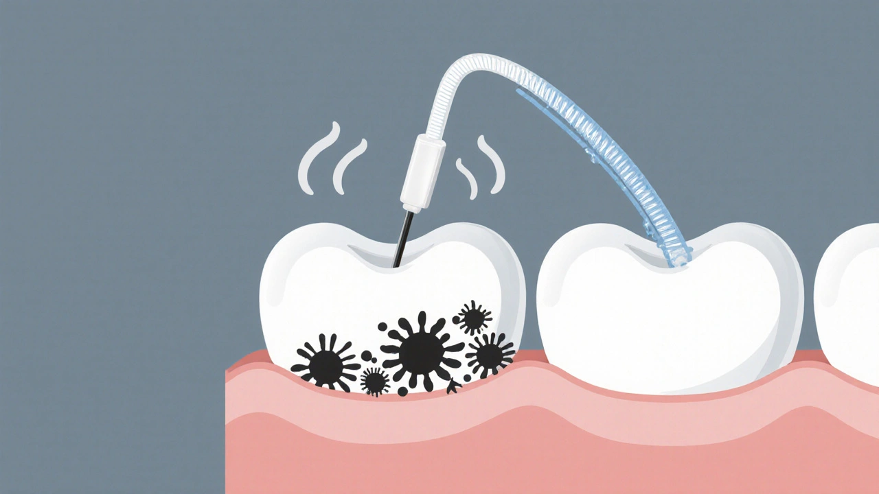 Vnitřní erze skloviny mezi zuby způsobená bakteriemi, přerušená zubní nití.