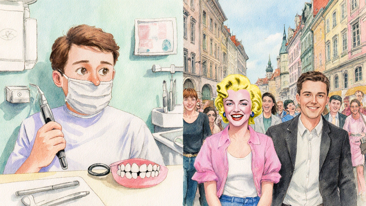 Vodová barva ilustrace: strach před zubníkem vs. svobodný smích v ulicích Prahy.