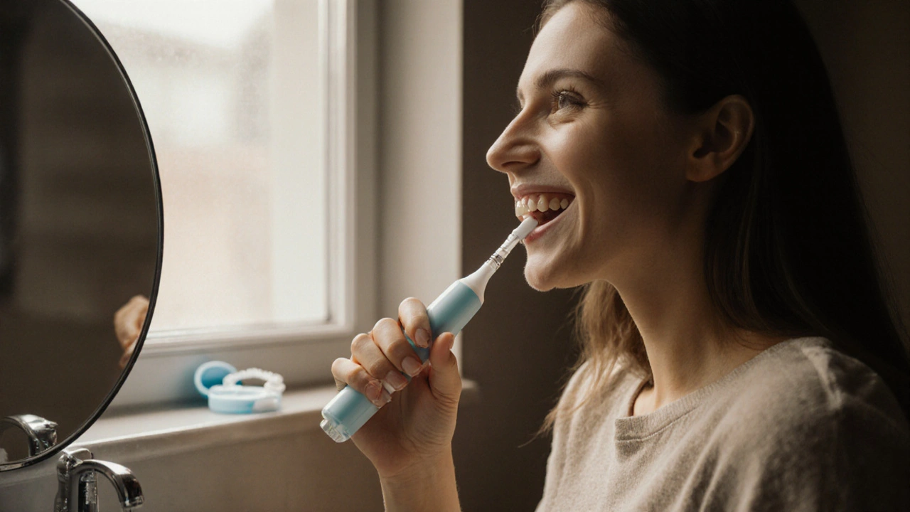 Žena čistí zuby interdentalní kartáčkem s viditelnými keramickými rovnátky.