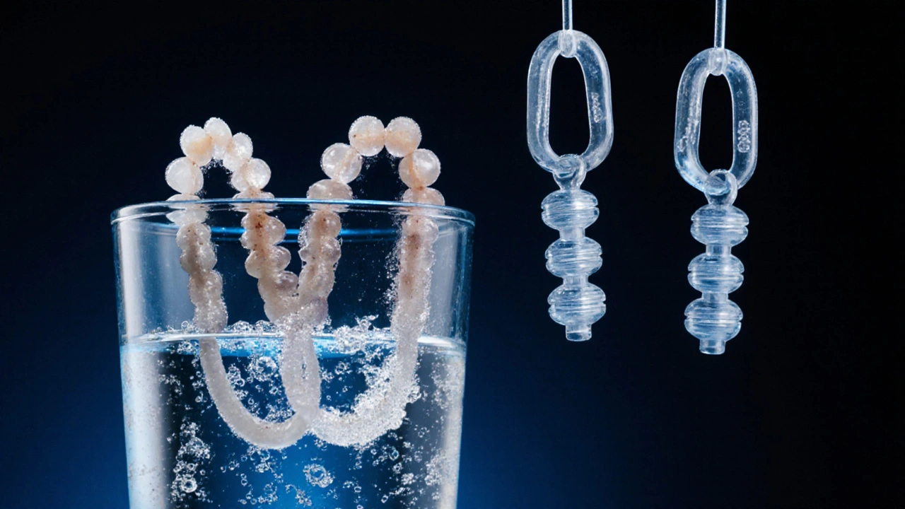 Znečištěné a nové gumičky na rovnátkách v kontrastu s čisticí tabletou ve vodě.