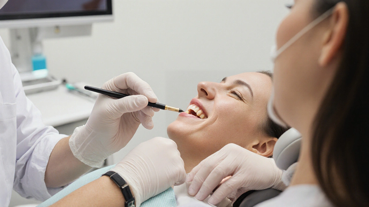 Zubař aplikuje ochranný lak na odhalený kořen zubu v klinice.