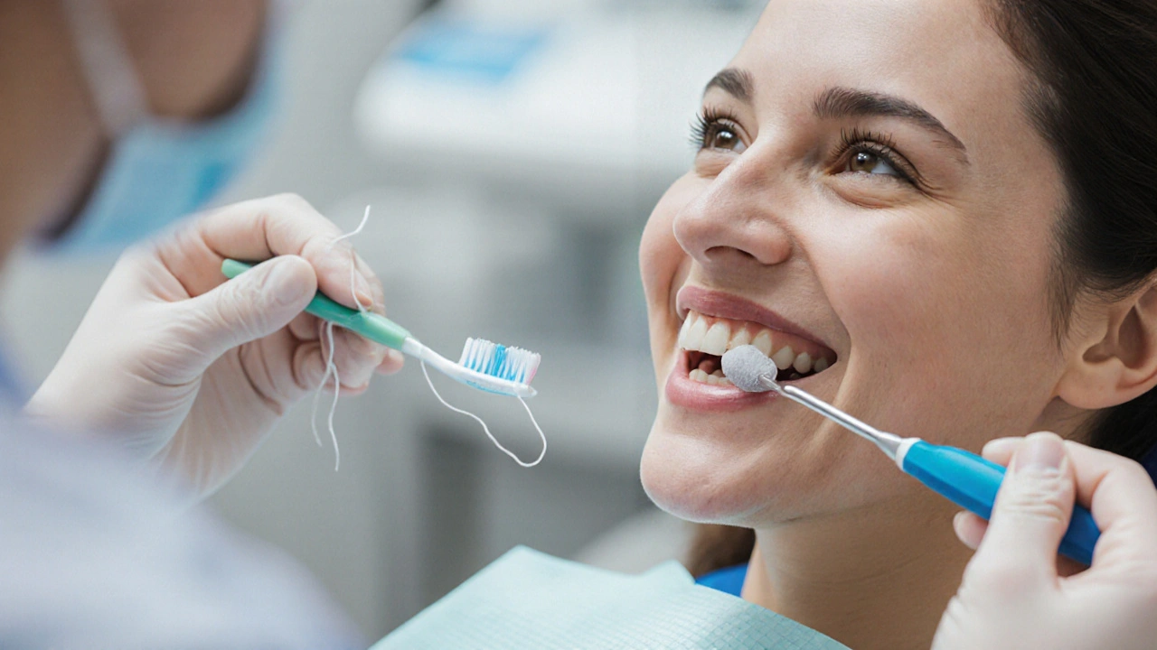 Zubař odstraňuje zubní kámen pod dásní pomocí skáléru, v pozadí jsou vidět kartáček a nit.