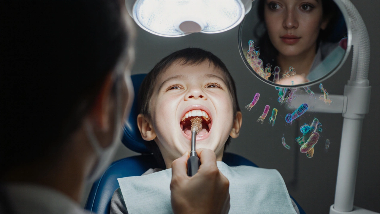 Zubní lékař odstraňuje zubní kámen ultrazvukovým nástrojem, dítě otevřeně má ústa.