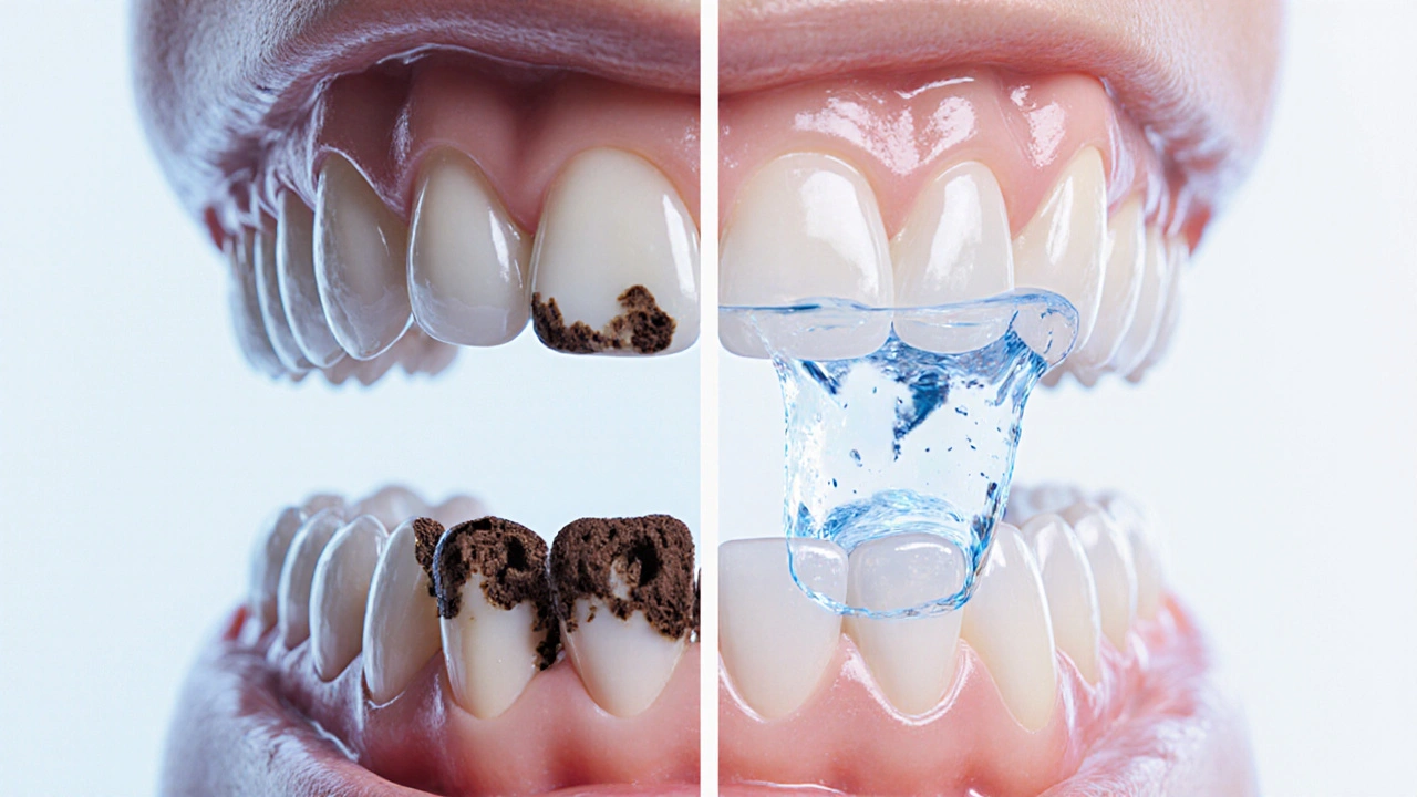 Zvětšený pohled na zuby s otevřenými pory a vstřebáváním barviv.