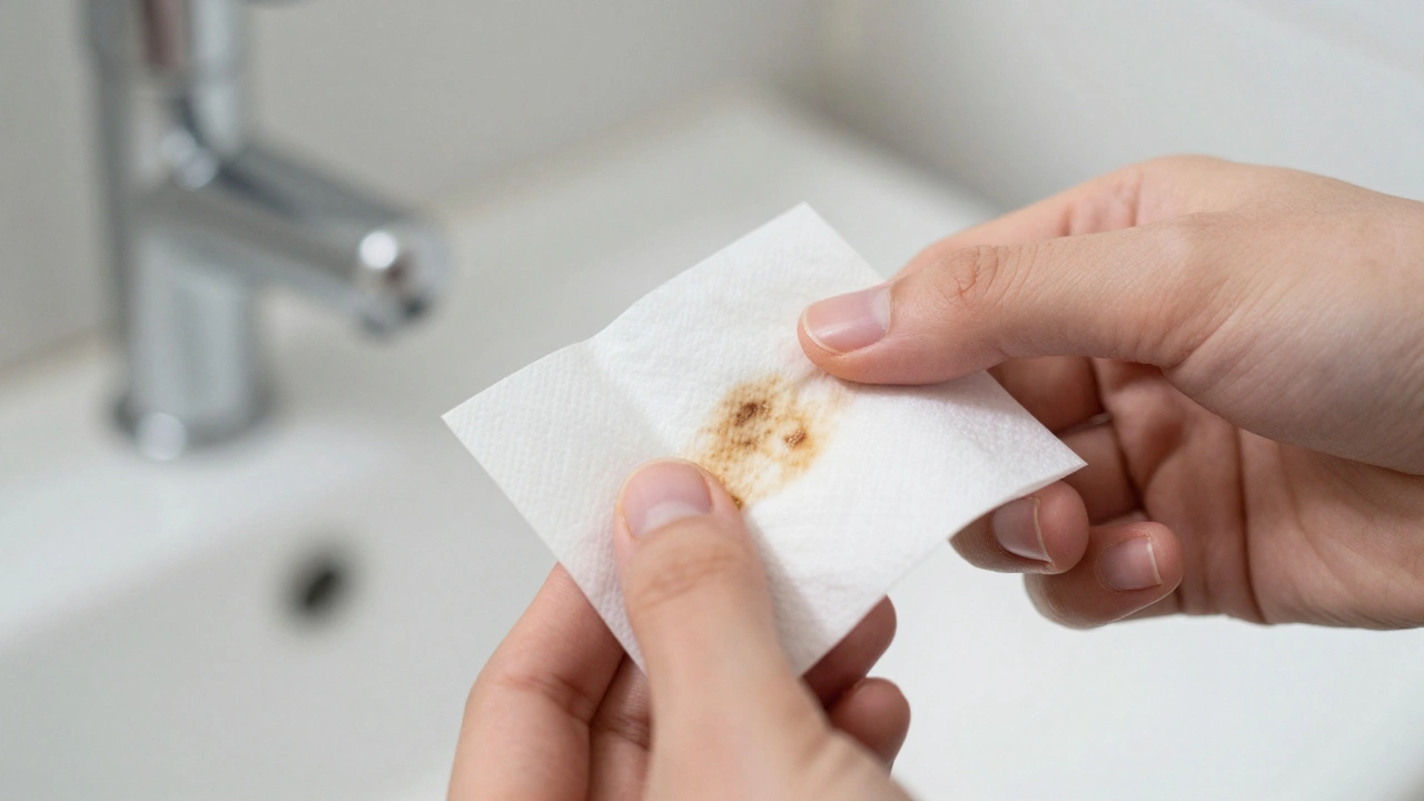 Bílý papírek s hnědou strouhou po přetření zubů, známka zubního kamene.