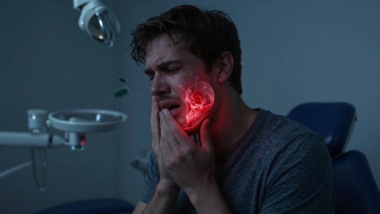 Člověk drží tvář v bolesti v noci, červené světlo vyzařující z čelisti jako infekce.