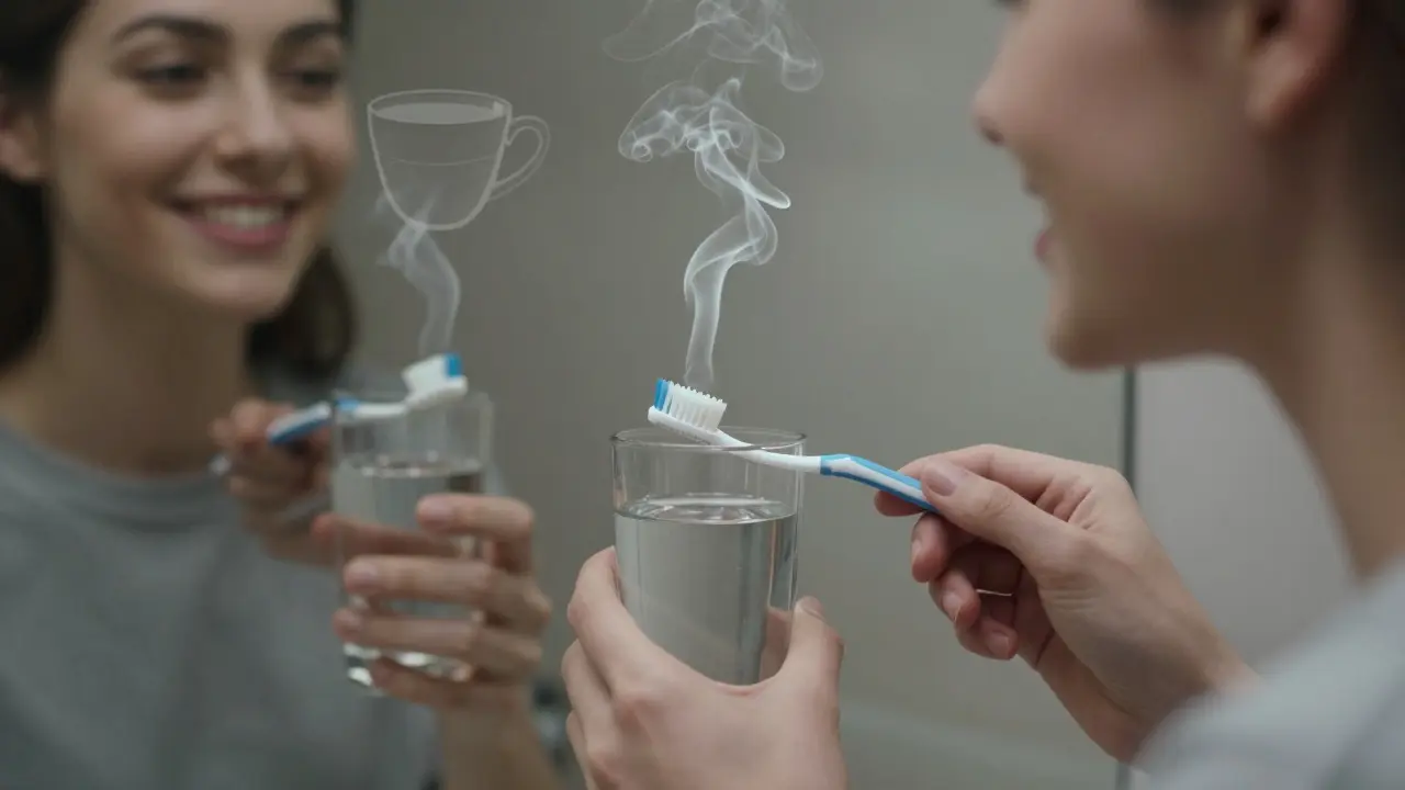 Člověk v zrcadle s přechodnými obrazy nápojů a kouře, které přispívají k zabarvení zubů.