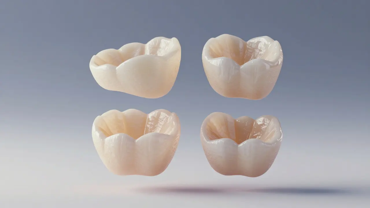 Čtyři keramické veneery ve vzduchu s přirozenými odstíny a texturami, jako by se odráželo světlo.