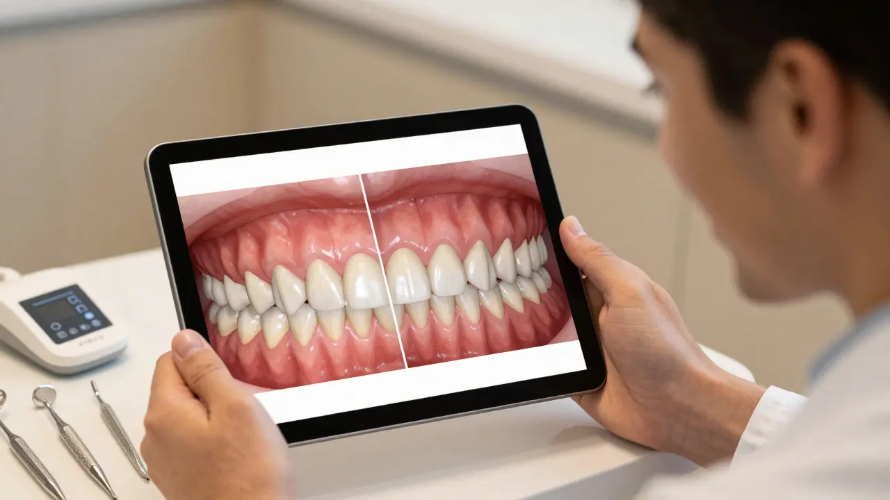 Dentista ukazuje pacientovi na tabletu digitální simulaci umístění zubních veneerů.