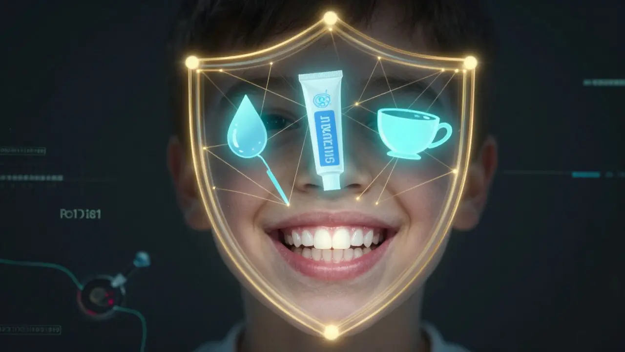 Dítě se zářícími zuby obklopené symboly fluoridu ve tvaru kapky, čaje a zubního nástroje