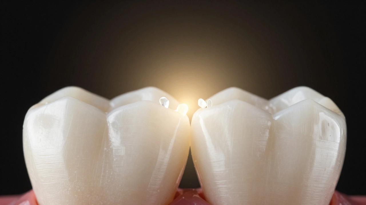Dva zuby s mezí, která se postupně uzavírá průhlednými keramickými prvky v atmosféře zlatého světla.