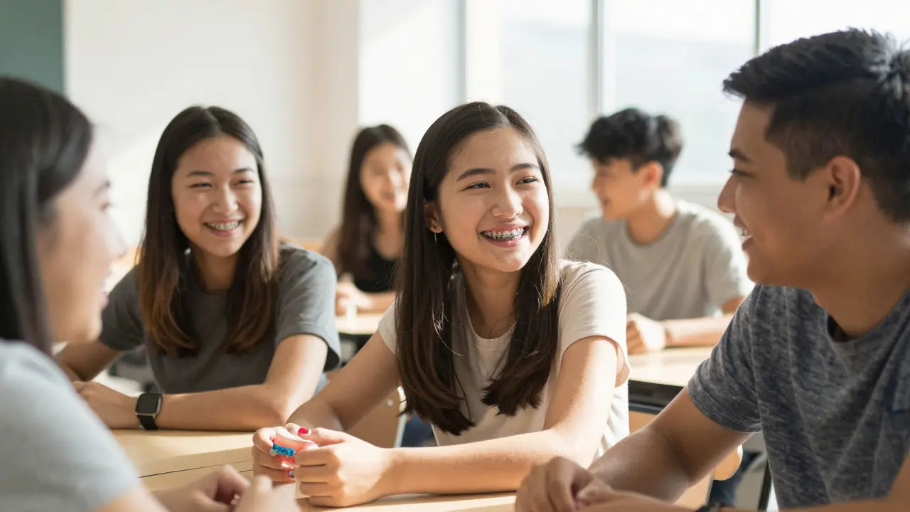 Group of teens laughing in cafeteria, one smiling with visible colorful braces elastics.