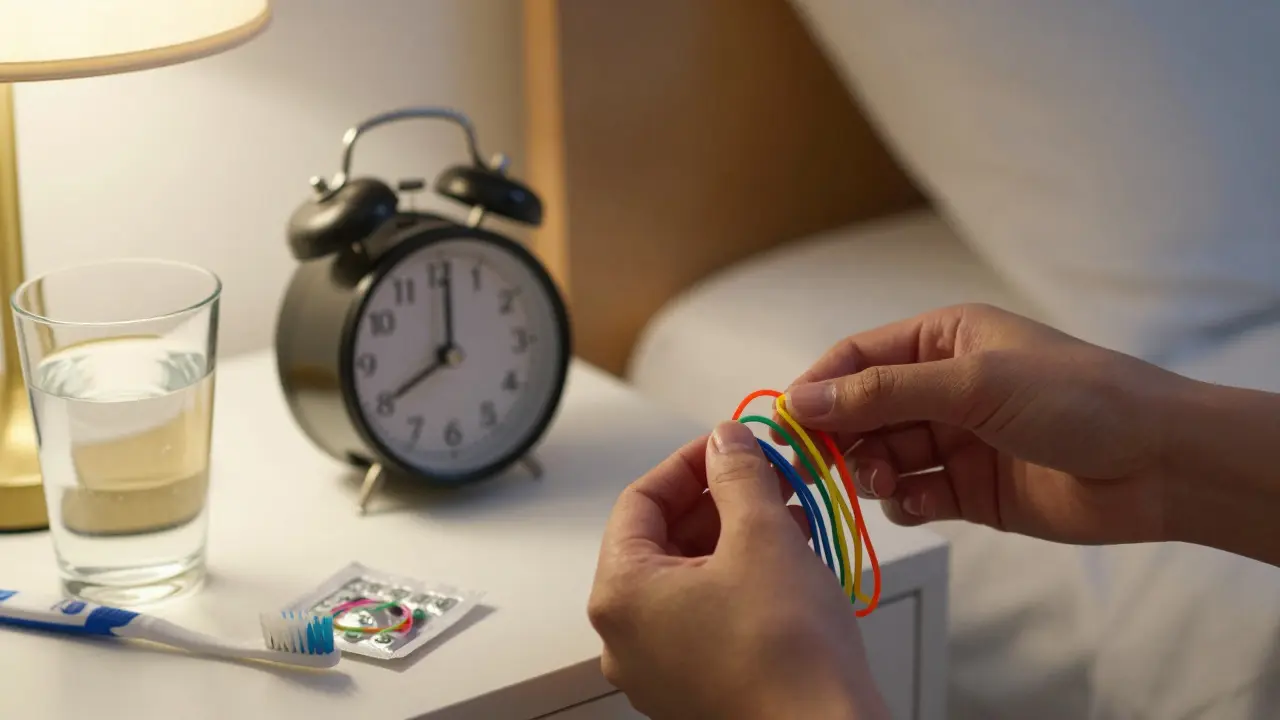 Hand placing new colorful orthodontic elastics on braces at night beside toothbrush and water.