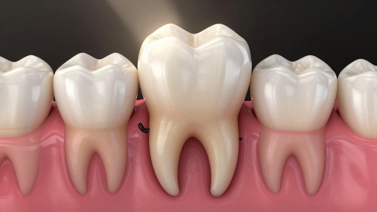 Healthy tooth with crown after successful nerve devitalization and root canal.