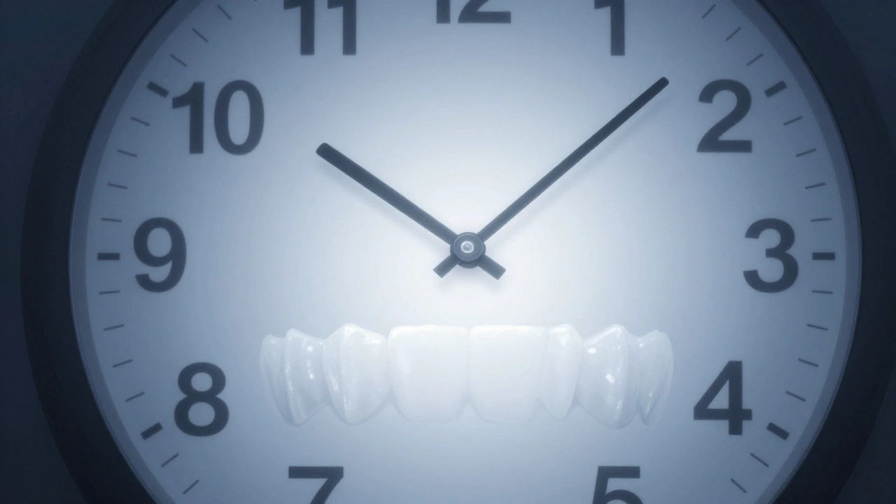 Hodiny na zubech symbolizují doporučenou dobu čekání po pískování.