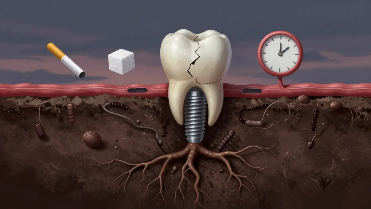 Implantát jako zkažený kořen stromu, okolo něj bakterie a rizikové faktory.