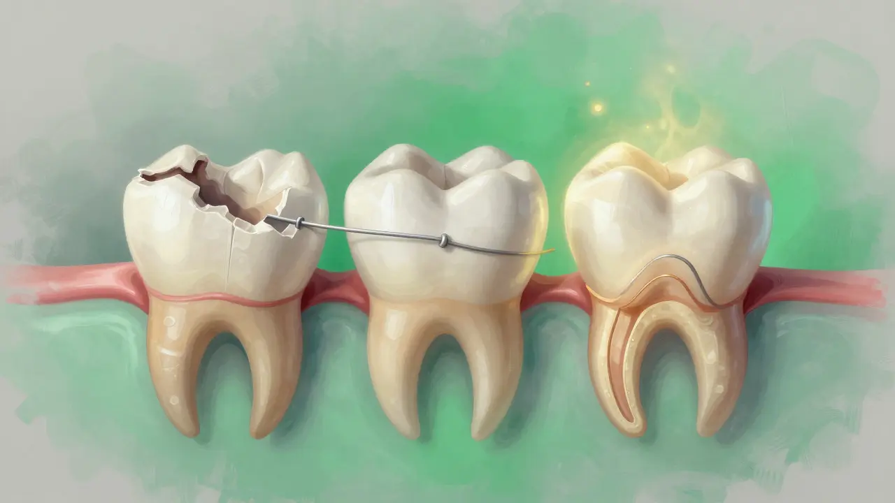 Koncepční obrázek obnovy kosti kolem zubu po reimplantaci.