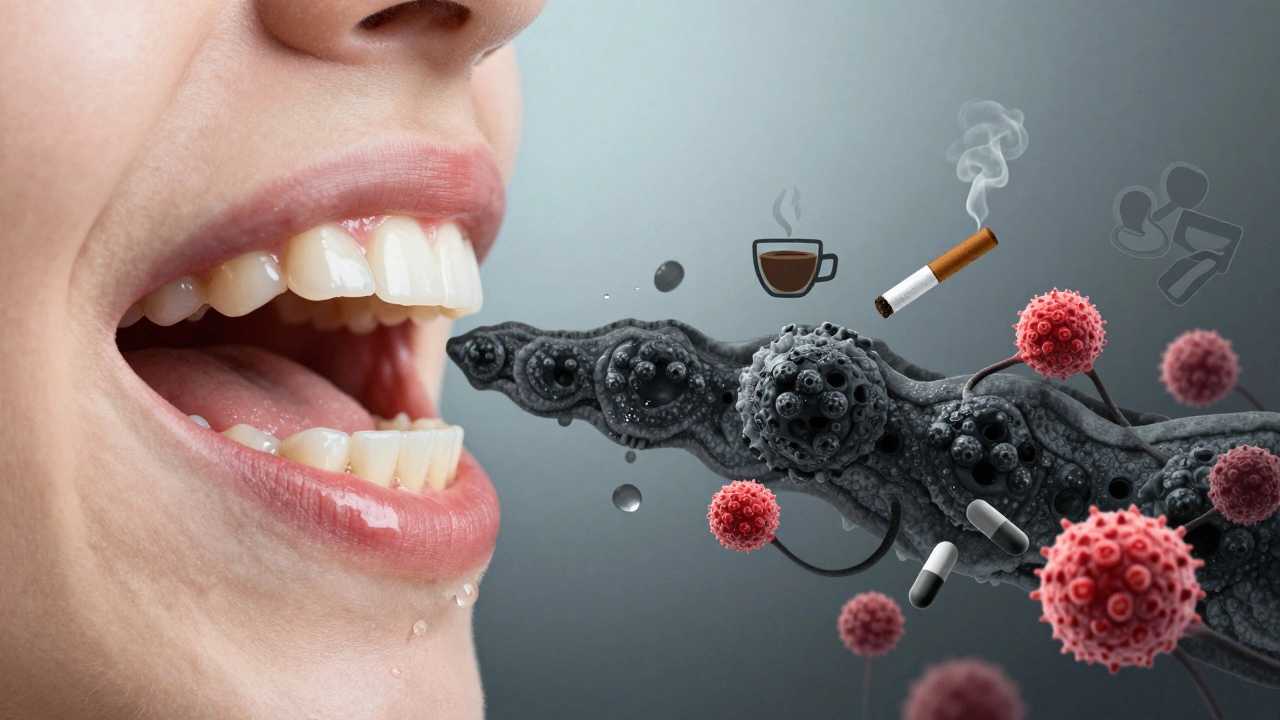 Konceptuální obrázek rozděleného úst: zdravé zuby na jedné straně, černý kámen na druhé.