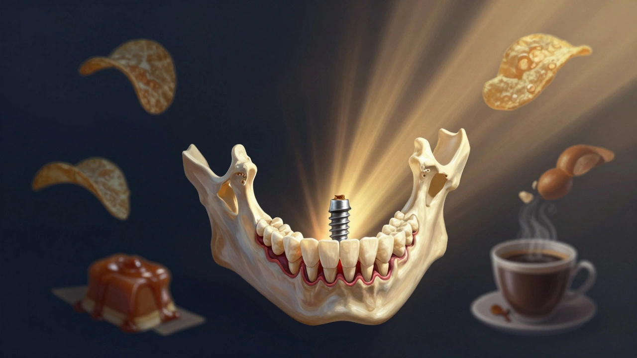 Konceptuální obrázek zubního implantátu spojujícího se s kostí, kolem něj stínové obrazy zakázaných potravin.