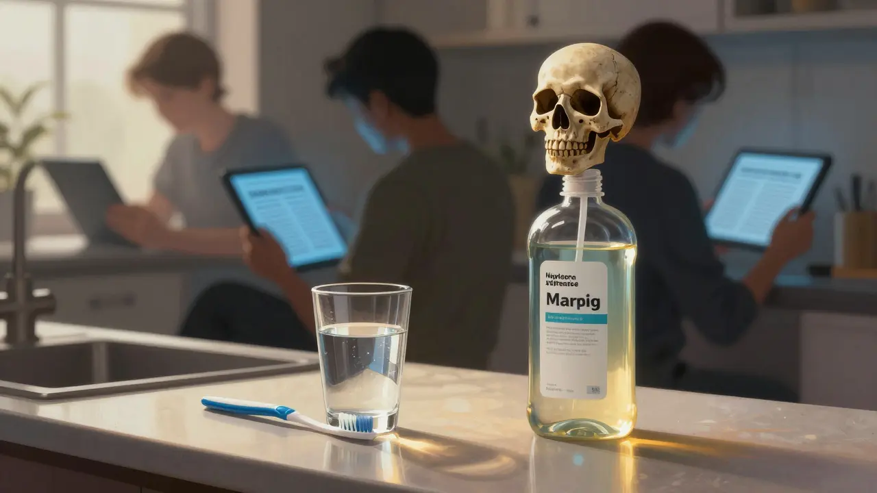 Láhev s peroxidem vodíku se mění v lebku, zatímco voda je symbolem bezpečné alternativy.