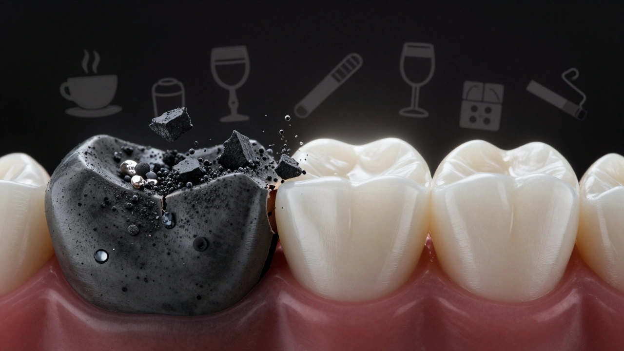 Mikroskopické poškození emailu způsobené aktivovaným uhlím a citronem v porovnání se zdravým emailem.