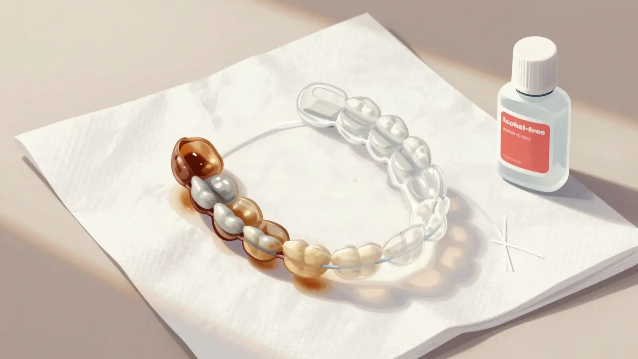 Odstraněné gumičky z rovnátek na papírové ručníku: jedna zbarvená, jedna čistá, s ústní vodou a nití.