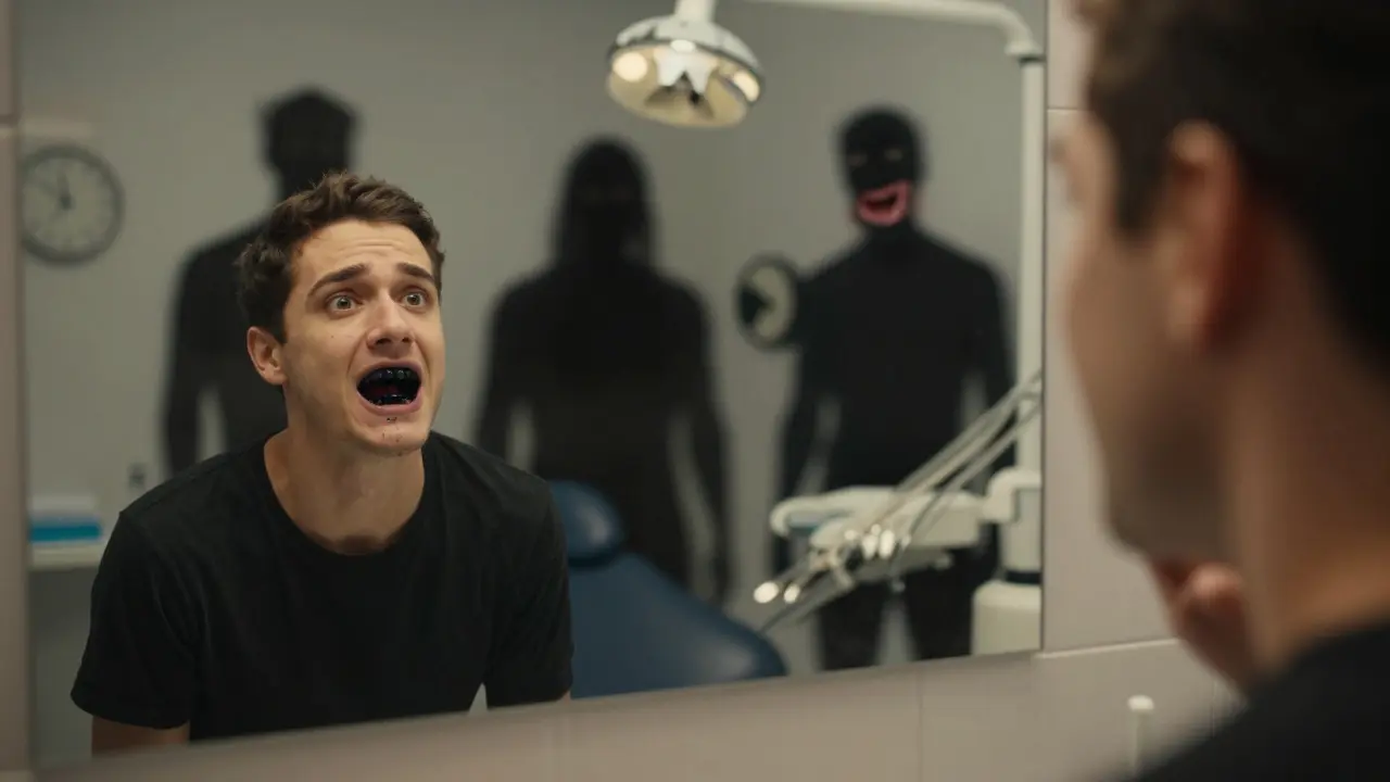 Osoba hledí do zrcadla a vidí černý zubní kámen, zatímco za ní se objevují důsledky zanedbávání ústní hygieny.