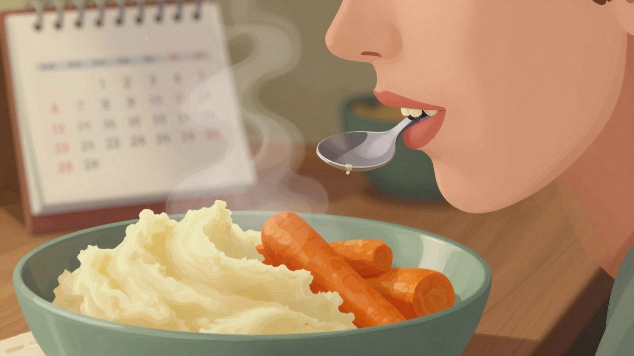 Osoba jí měkké vařené brambory a mrkev, vyhýbá se straně s implantátem.