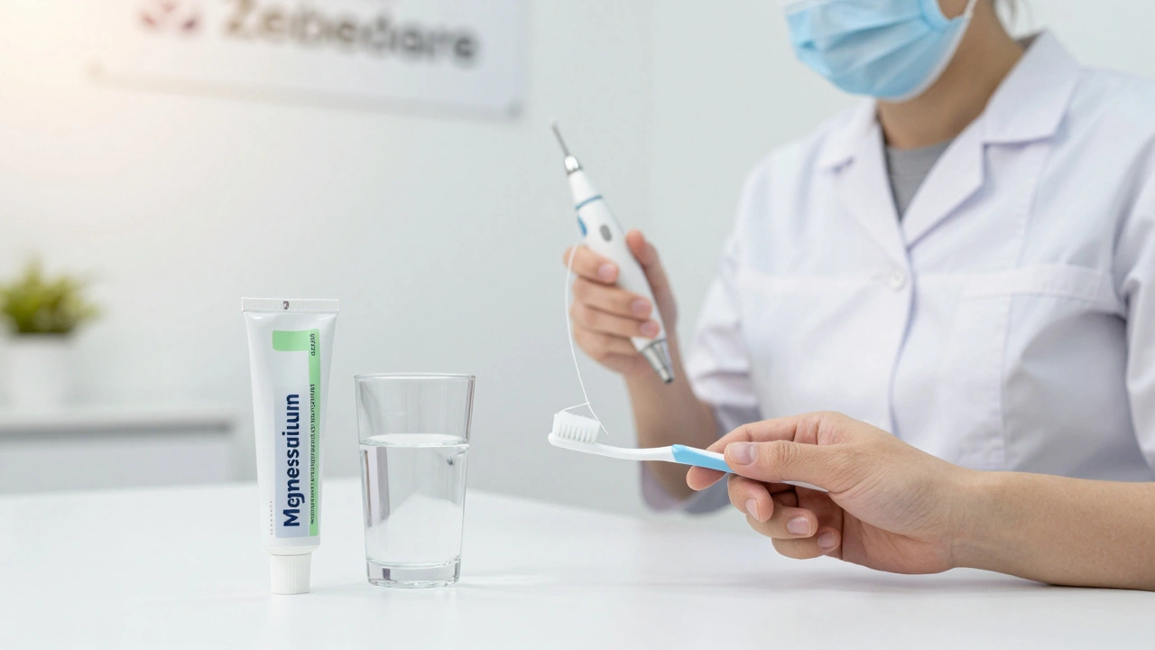 Pacient v zubní klinice drží kartáček a nit vedle zubní pasty s oxidem hořečnatým.