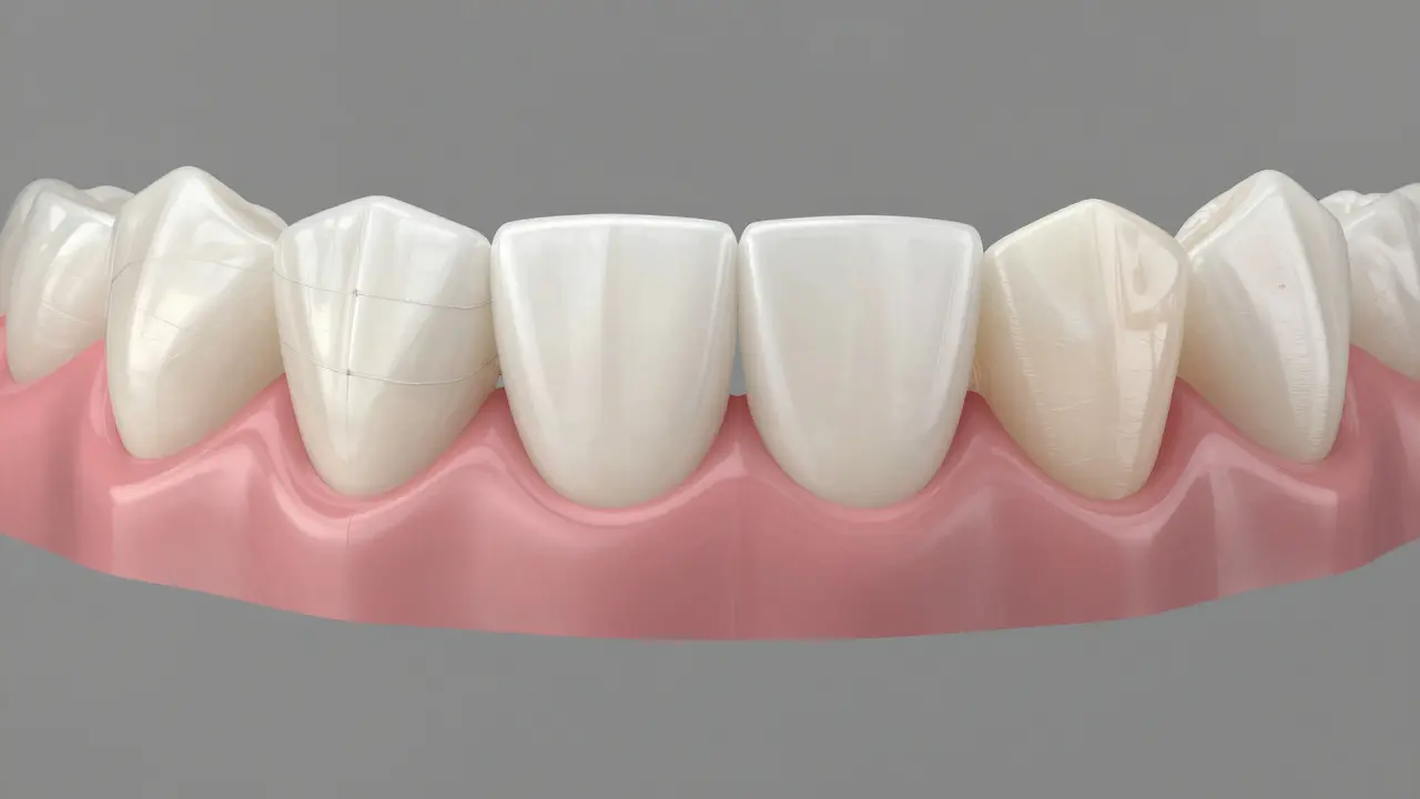 Porovnání levných umělých zubů s kvalitními – první vypadají jako plast, druhé se přirozeně slévají s přirozenými zuby.