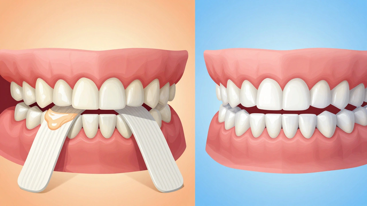 Porovnání nerovnoměrného bělení proužky a rovnoměrného bělení vlastními šablonami.