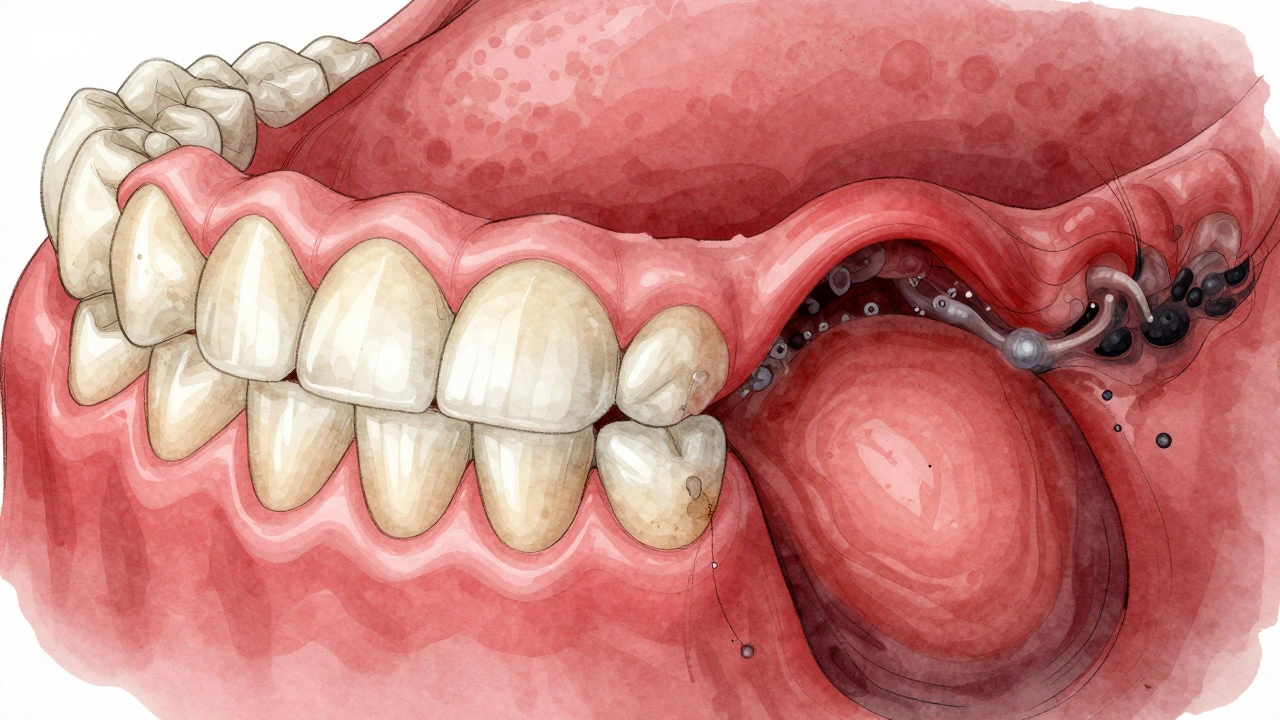 Porovnání zdravých a zánětlivých dásní s viditelným zubním kamenem pod dásní.