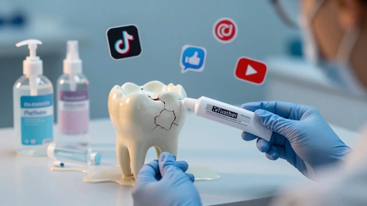 Poškozené zuby vedle láhví peroxidu, v popředí zubař s bezpečným bělícím gelom.