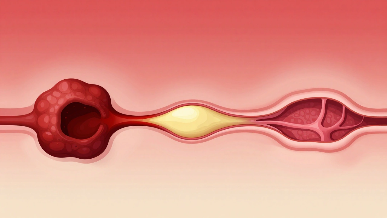 Přechod krevní sraženiny do světlejší granulační tkáně v důlku po extrakci zubu.