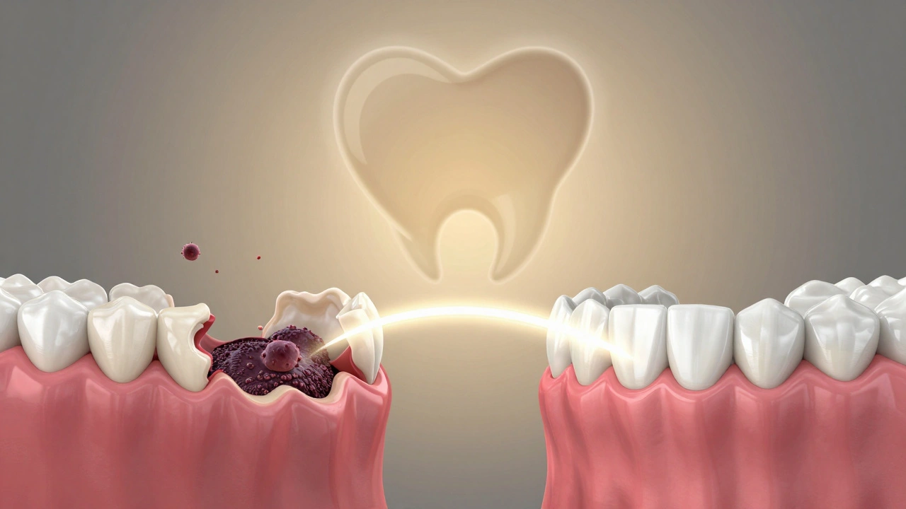 Přechod od poškozeného úsměvu s kamenem k zdravému úsměvu po odborném očištění.