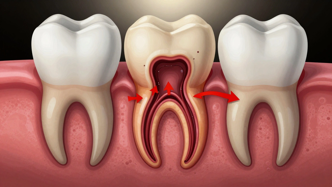 Přehledový náčrt vnitřní struktury zubu ukazující postup kariésu od sklovinky po zubní nerv.