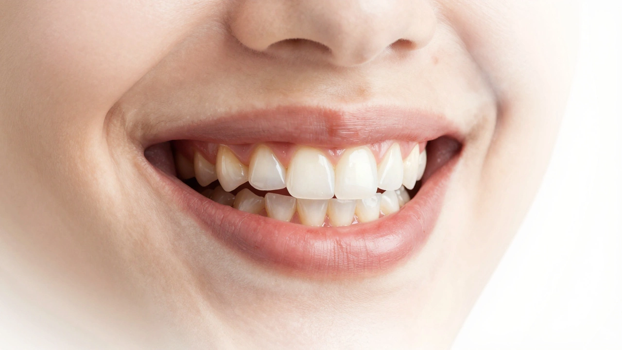 Průhledné zuby ukazují vrstvy ztmavení a ochrannou vrstvu veneeru.