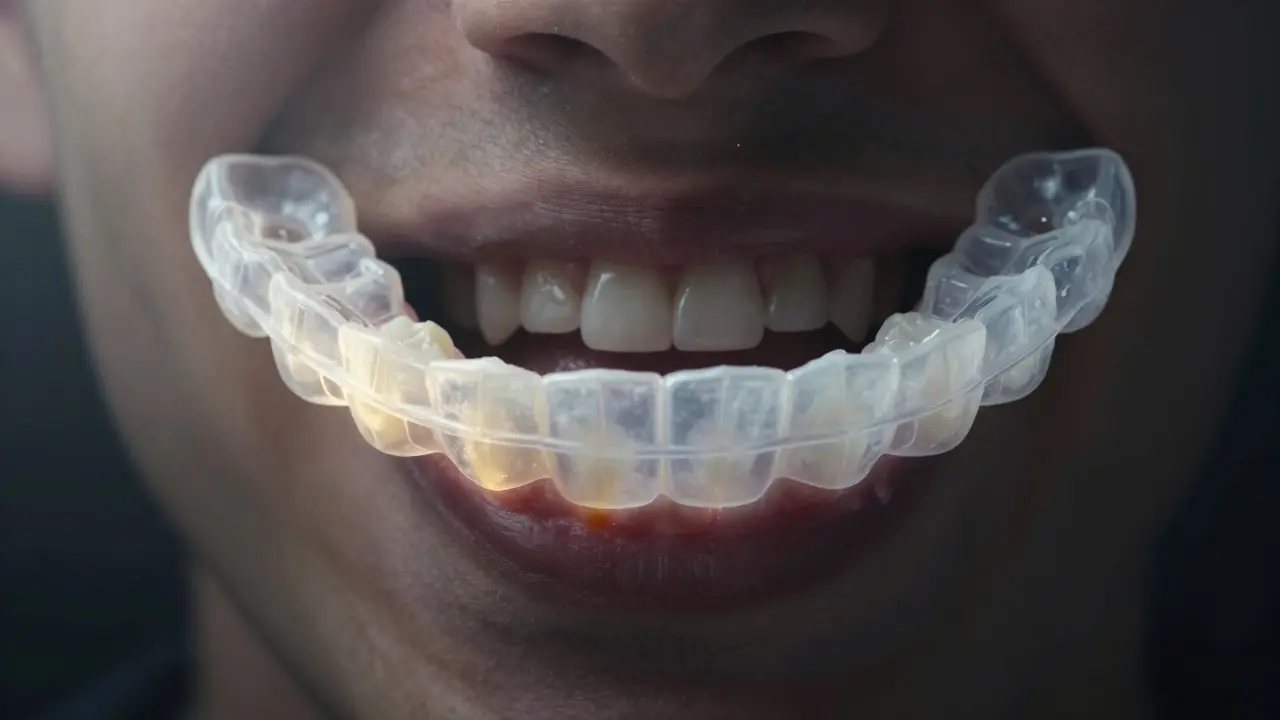 Průhledný retentor v ústech: jedna strana s žlutým plakem, druhá čistá, symbolizující rozdíl v hygieně.