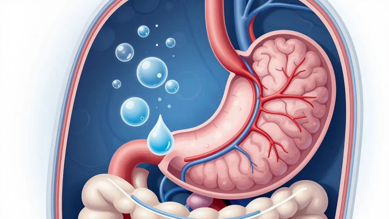 Průřez trávicího ústrojí s plynovými bublinami v krvi způsobenými peroxidem vodíku.