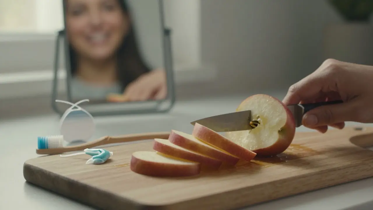 Ruka řeže jablko na tenké plátky, vedle ní zubní kartáček a nit, v pozadí přirozený úsměv v zrcadle.