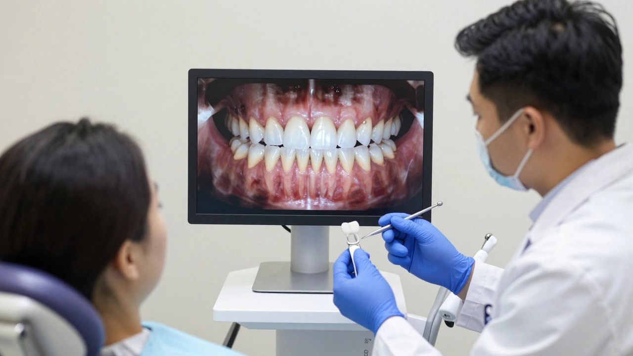 Stomatolog ukazuje pacientovi digitální návrh keramických vložek na zbarvené zuby.