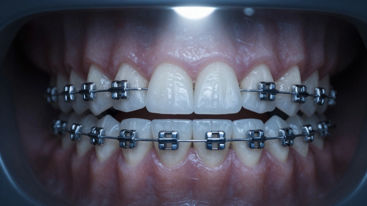 Vnitřní pohled na lingvální rovnátka připevněná na vnitřní stranu zubů.