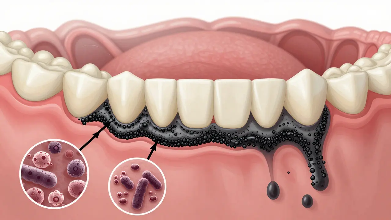 Vnitřní struktura zubního kamene s oxidem železa vázaným na bakterie ve slinách.